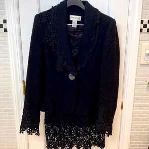 Bloomingdale’s Black wool teddy jacket and lace skirt suit. MIDI length. Size 10